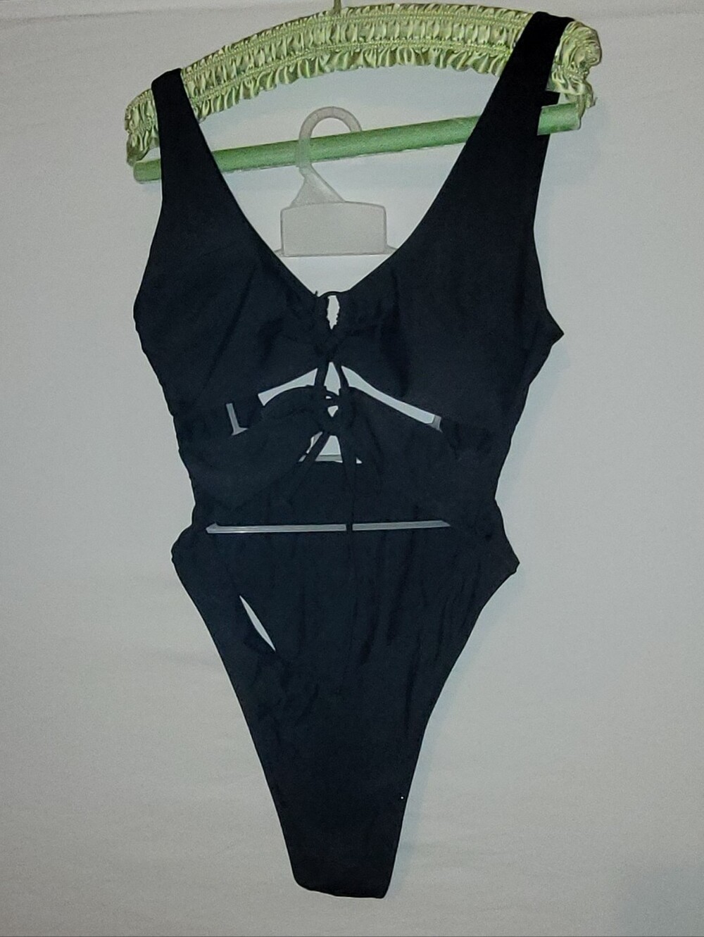 Black Front Tie One-Piece Swimsuit with Cutout Details, Cheeky Bottom,  L